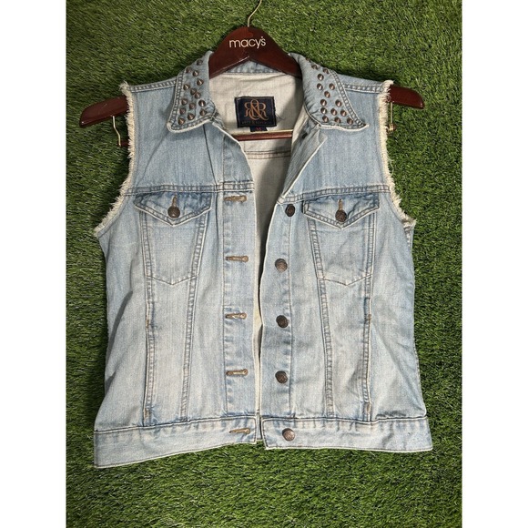 Denim Vest Rock & Republic Studded collar sleeveless distressed look Size M  Y2k - Picture 1 of 6